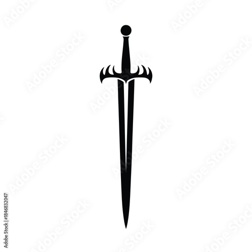 A simple black silhouette of a medieval style sword on white background