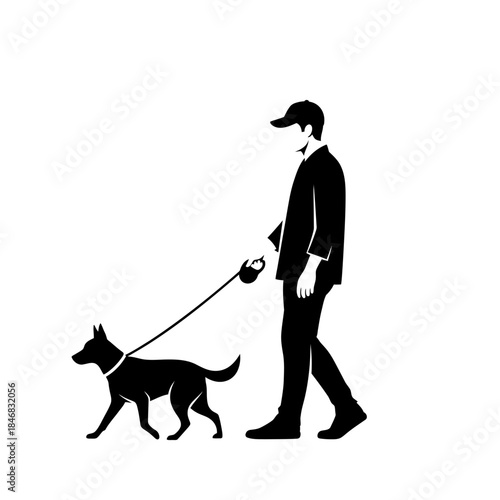 Man Walking Dog Silhouette – Pet Owner Leash Outdoor Vector Illustration