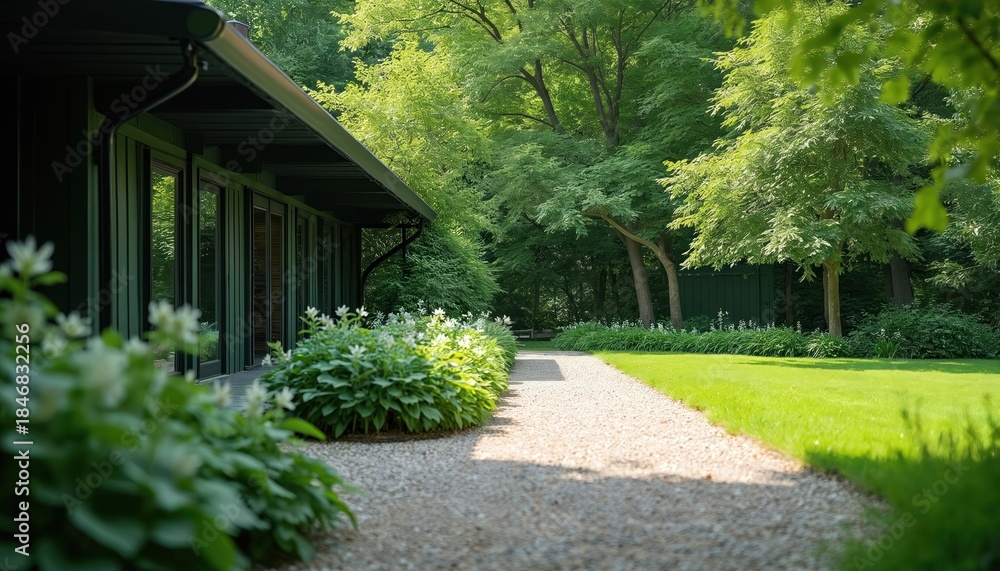 Fototapeta premium Modern house with large windows borders lush green garden and gravel path. Tall trees surround the property offering natural shade and serene outdoor setting during sunny summer day.