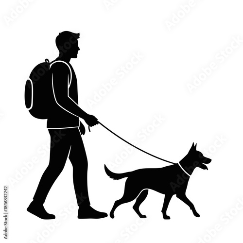 Man Walking Dog Silhouette – Pet Owner Leash Outdoor Vector Illustration