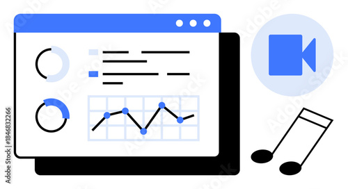 Data analytics, multimedia tools, content creation, performance metrics, video visualization, music management. Dashboard showing charts and graphs with video and music icons. Data analytics