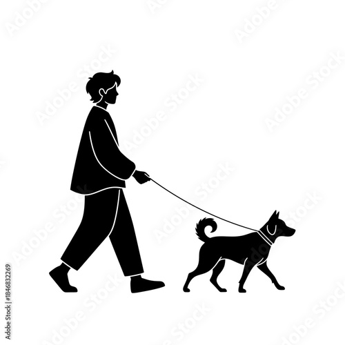 Man Walking Dog Silhouette – Pet Owner Leash Outdoor Vector Illustration