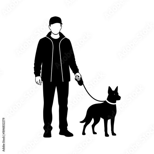 Man Walking Dog Silhouette – Pet Owner Leash Outdoor Vector Illustration