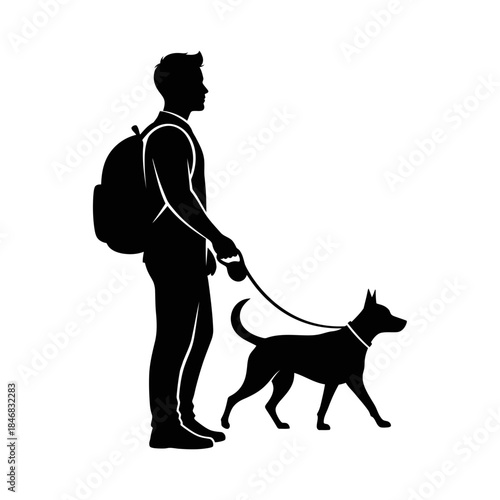 Man Walking Dog Silhouette – Pet Owner Leash Outdoor Vector Illustration