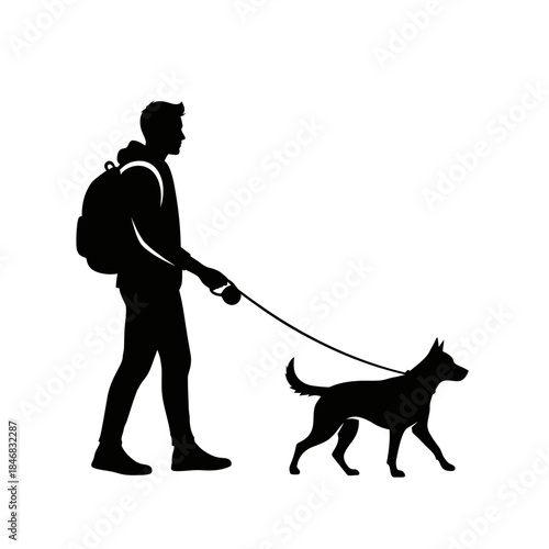 Man Walking Dog Silhouette – Pet Owner Leash Outdoor Vector Illustration
