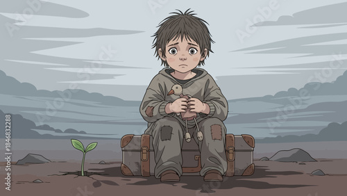Lonely child sitting with luggage in desolate landscape