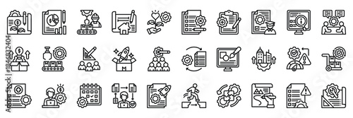 Project icon collection line style. containing Investment Project, Business Report, Manufacturing Project, House Plan, Charity Project, business, Project, New Project, management