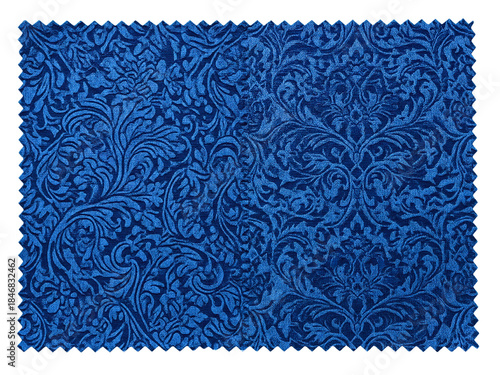 Blue fabric swatch with intricate floral pattern on a transparent background