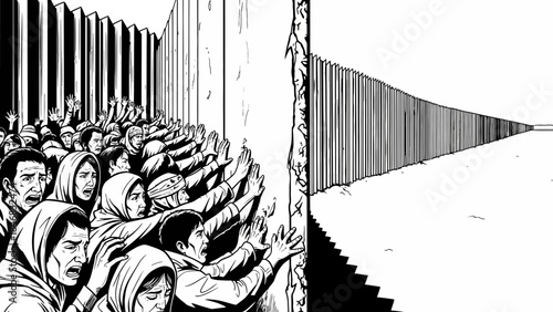 Dramatic scene of people reaching for a distant barrier