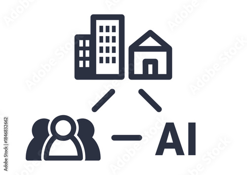 AIを活用した社会の向上。AIを用いた人と街の社会構築のアイコン。行政でのリンク、シェア、AIの有効活用。Improving society through the use of AI. Icons for building a society of people and cities using AI. 