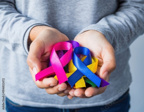 Wallpaper Mural Colorful ribbons cancer awareness world cancer day background many ribbons on hands Torontodigital.ca
