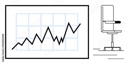 Business strategies, productivity, growth, analytics, workplace planning, success trends. Rising line graph on a grid background and an office chair with wheels. Business strategies and productivity