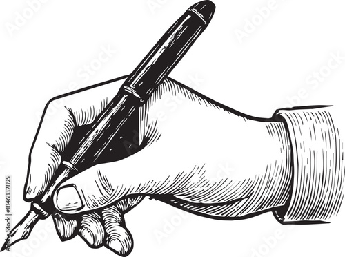  Vintage Hand Holding Fountain Pen Line Art Illustration.