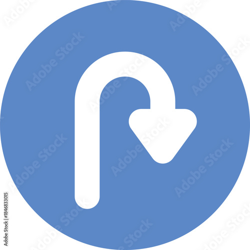 Blue circular U-turn arrow sign icon pointing downwards