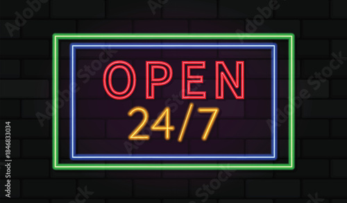 Open 24 7 Neon Sign Brick Wall Light Banner.