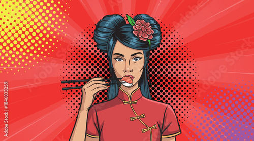 A beautiful girl in oriental costume advertises sushi in pop art style.