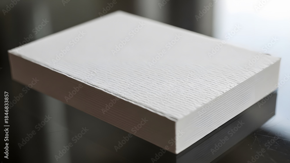 Fototapeta premium A stack of clean, white paper with a subtle texture, reflecting light on a dark, glossy surface