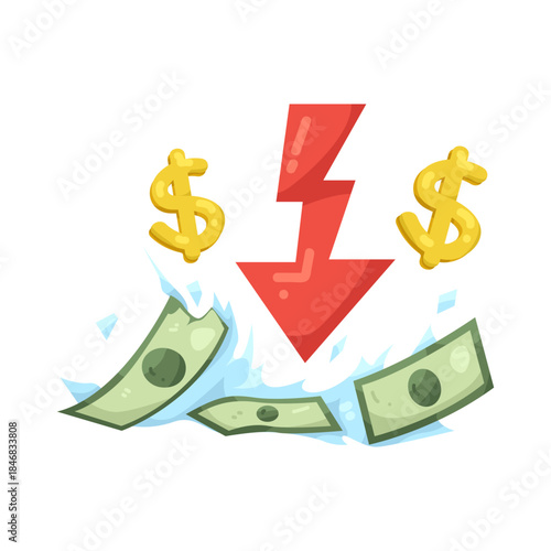 Illustration of Falling Arrow with Money and Dollar Signs