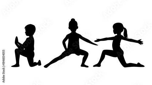 Silhouette of children practicing yoga poses for international yoga day healthy lifestyle and wellness concept illustration .vector icon