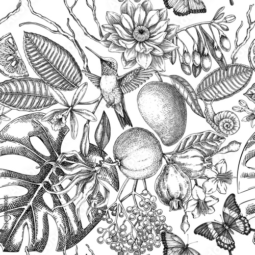 Tropical flowers pattern. Summer fruits, palm leaves hand drawn vector illustration. Exotic birds seamless background. Not AI generated 