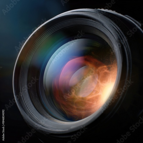 Close-up view of a camera lens reflecting light with colorful flare effects
