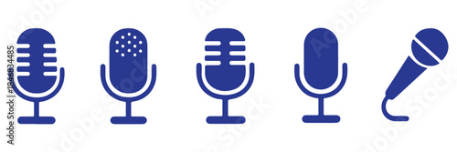 Microphone or mic button icon set. Contains headphone, mute, broadcast, podcast, broadcasting, audio vocal sound, voice, music karaoke, musical studio, loudspeaker. Vector illustration