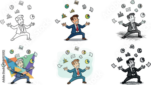 Stressed Businessman Overwhelmed with Flying Documents and Data Charts Vector Illustration - Deadline, Pressure, and Multitasking Concept