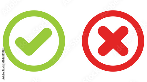 green check mark and red cross icon set representing correct and incorrect choice, approval and rejection symbols for user interface design