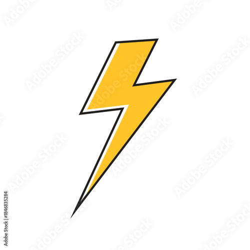 Simple single lightning bolt vector icon. Yellow thunder sign with black outline for power, energy, speed, storm, or charging logo design isolated on white background