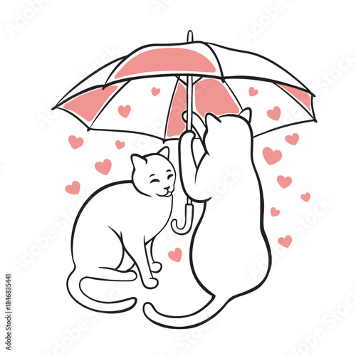 Romantic cat couple cuddling under a red umbrella with pink hearts around. A colorful vector for Valentine’s Day. Two cats in love