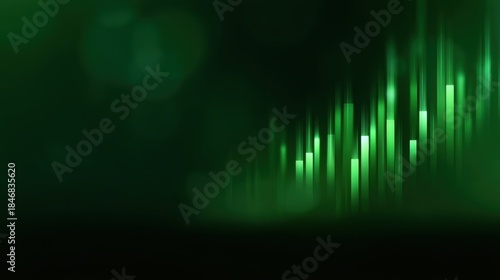 Abstract Green Background with Vertical Light Bars and Gradient Bokeh Effects for Modern Digital Art or Technology Themes