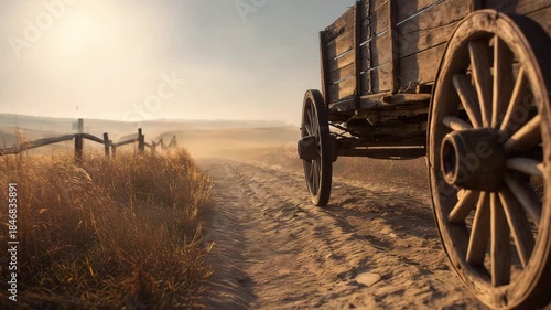 A wooden cart moves down a dusty path surrounded by rural fields during sunset, showcasing the peaceful countryside