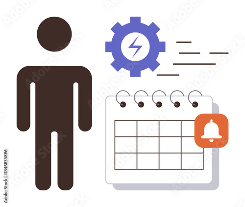 Person figure beside calendar, gear symbolizing efficiency, and alert bell. Ideal for productivity, scheduling, punctuality, task planning, workflow management, notifications time optimization