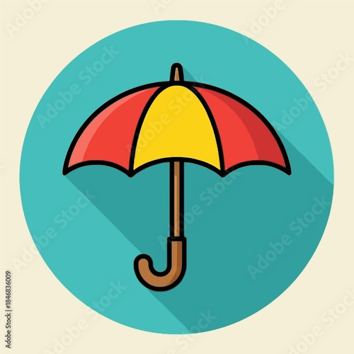 A flat design illustration of an open umbrella with red and yellow panels, casting a long shadow.