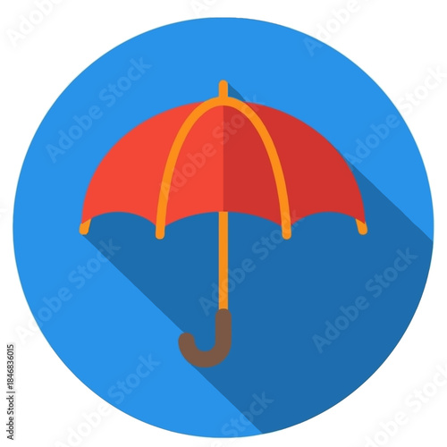 Red umbrella icon with long shadow on a blue circular background in a flat design style.