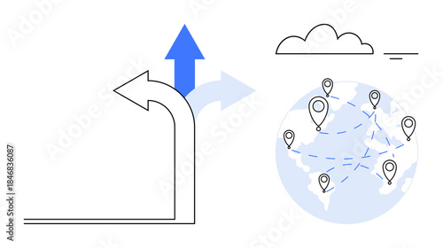 Global connectivity. Global connectivity through network points around the world, an upward arrow for growth, and meeting communication needs. Perfect for business, logistics, networking, technology