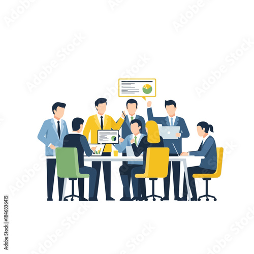 Business Collaboration: A dynamic illustration showing a team of professionals engaged in a focused business meeting, their expressions reflecting concentration, collaboration.