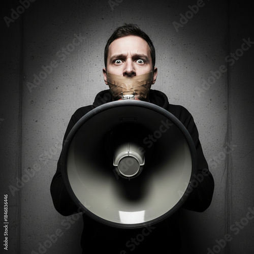 Man with taped mouth trying to shout into megaphone, concept of censorship symbol and suppression of freedom of speech