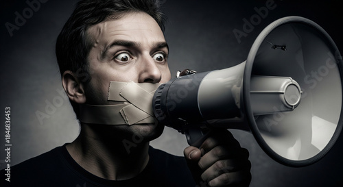 Man with taped mouth trying to shout into megaphone, concept of censorship symbol and suppression of freedom of speech