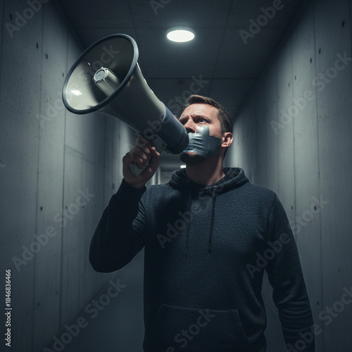 Man with taped mouth trying to shout into megaphone, concept of censorship symbol and suppression of freedom of speech