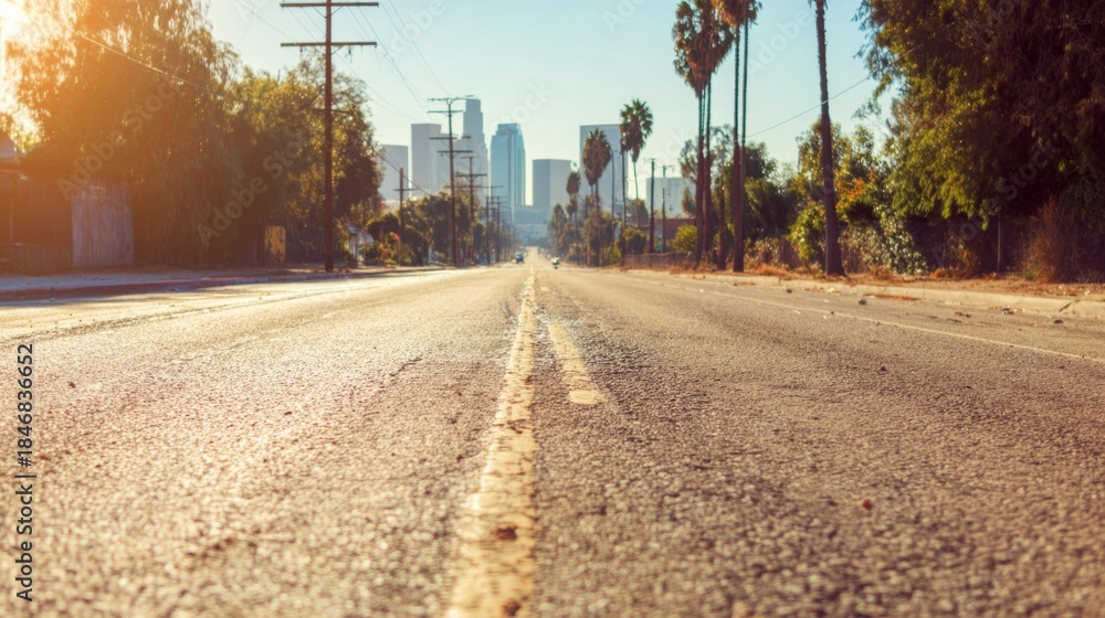 Obraz premium Empty road leads to downtown los angeles on sunny day