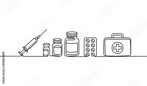 minimal continuous line medical supplies illustration with syringe pills bottles and first aid kit representing healthcare, treatment and medicine concept