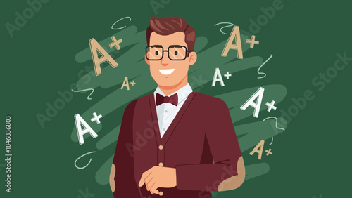 Teacher with excellent grades on blackboard.