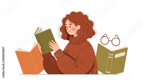 Woman reading a book surrounded by literature and glasses.