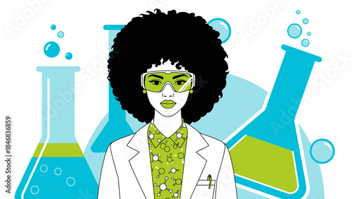 Female Scientist with Afro Lab Coat Goggles and Beakers.