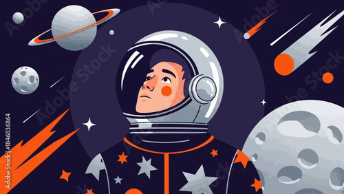 Astronaut in Space Suit Floating Near Planets and Stars.