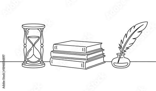 minimal continuous line illustration of hourglass books and quill symbolizing time, knowledge, learning, literature and classic writing concept