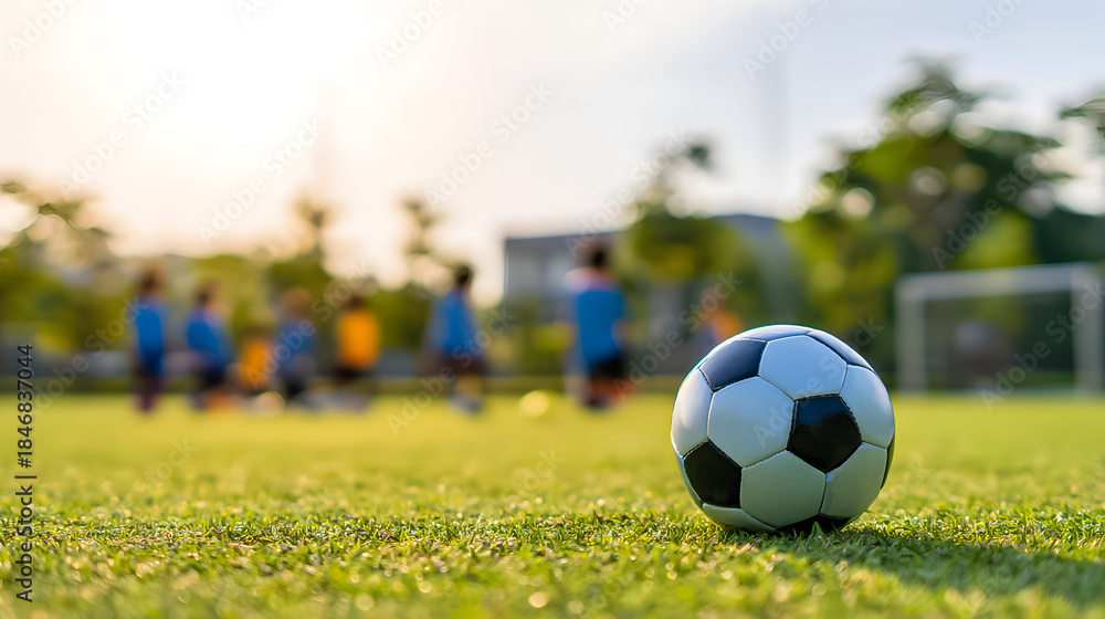 Obraz premium Players practice soccer on a field with a ball in focus during a sunny day in the early evening