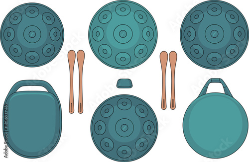Handpan drum illustration set with mallets and carrying cases