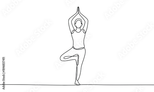 minimal continuous line woman practicing yoga tree pose illustration representing balance, mindfulness, wellness and healthy lifestyle concept